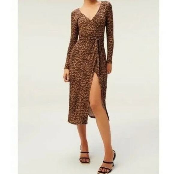 GOOD AMERICAN Daynight Long Sleeve Midi Wrap Dress in Caramel Leopard - Picture 6 of 8
